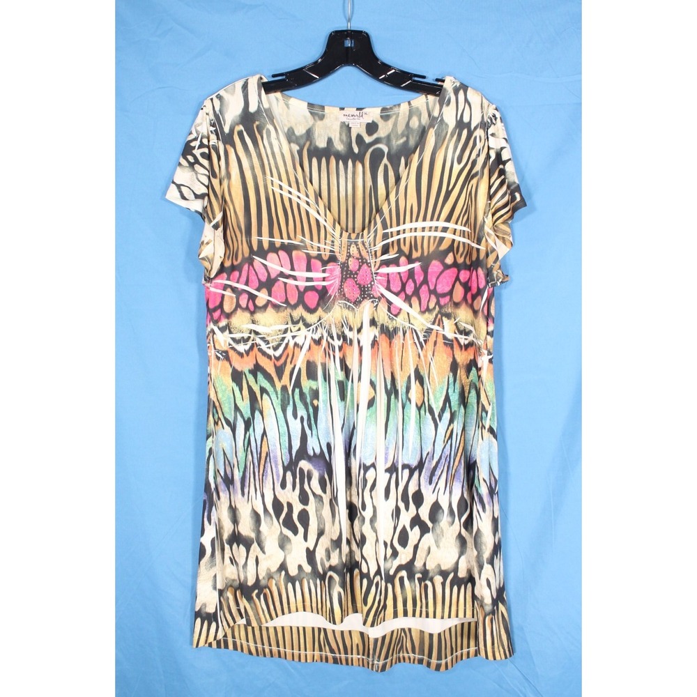 VTG Y2K ONE WORLD Sublimation COLORFUL BUTTERFLY Rhinestones TUNIC TOP/DRESS XL